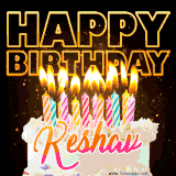 A vibrant animated GIF featuring a delicious birthday cake topped with glowing candles and the name 'Keshav' in elegant script, and the words 'Happy Birthday' on the black background.