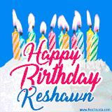 A cheerful animated GIF featuring colorful lit birthday candles on a white cake, with the text 'Happy Birthday Keshawn' in bold red and blue script on a bright blue background.