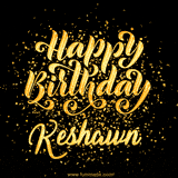 Animated GIF with colorful, festive 'Happy Birthday Keshawn' text decorated with patterns, a party hat, and falling confetti. A vibrant and cheerful design for birthday celebrations.