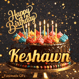 Cute chocolate cake animation with Keshawn's name, decorated with glowing birthday candles and multicolored icing.