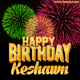 A captivating GIF with bursts of green, pink, and orange fireworks lighting up the night sky, accompanied by 'Happy Birthday Keshawn' in glowing golden text.