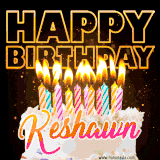 A vibrant animated GIF featuring a delicious birthday cake topped with glowing candles and the name 'Keshawn' in elegant script, and the words 'Happy Birthday' on the black background.