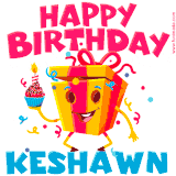 A funny animated birthday GIF with the words 'Happy Birthday Keshawna', colorful gift box with arms and legs, holding a cupcake with a lit candle  with confetti everywhere.