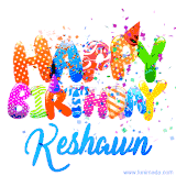 Animated GIF with colorful, festive 'Happy Birthday Keshawn' text decorated with patterns, a party hat, and falling confetti. A vibrant and cheerful design for birthday celebrations.