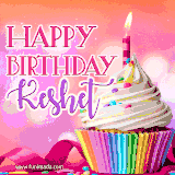 A vibrant birthday GIF featuring a rainbow-colored cupcake topped with white frosting, sprinkles, and a lit candle. The text reads 'Happy Birthday Keshet' in bold pink and violet letters with white outline.