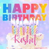 A vibrant animated name GIF with the words 'Happy Birthday Keshet' with colorful candles on a creamy cake. The background sparkles with pastel shades, adding a festive touch.