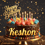 Burning birthday candles on top of a chocolate drip cake decorated with colorful icing dollops and sprinkles, personalized for Keshon.