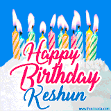 A cheerful animated GIF featuring colorful lit birthday candles on a white cake, with the text 'Happy Birthday Keshun' in bold red and blue script on a bright blue background.