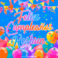 A vibrant animated GIF with 'Feliz Cumpleaños Keshun' written in colorful script, surrounded by balloons, confetti, and bunting on a bright blue background.