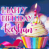 A festive animated GIF featuring a colorful cupcake with a single lit candle, sprinkles, and 'Happy Birthday Keshun' text against a sparkling, celebratory background.