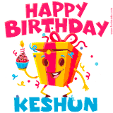 A funny animated birthday GIF with the words 'Happy Birthday Keshuna', colorful gift box with arms and legs, holding a cupcake with a lit candle  with confetti everywhere.