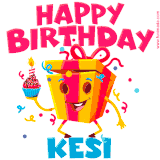 A vibrant and funny gift box character with a happy face dancing with a cupcake and the text 'Happy Birthday Kesi,' surrounded by animated confetti and party vibes.