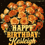 Animated bouquet of orange roses with moving butterfles and golden 'Happy Birthday Kesleigh' text, surrounded by sparkling accents and a dark backdrop for a luxurious feel.