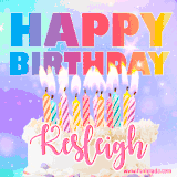 A vibrant animated name GIF with the words 'Happy Birthday Kesleigh' with colorful candles on a creamy cake. The background sparkles with pastel shades, adding a festive touch.