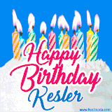 A cheerful animated GIF featuring colorful lit birthday candles on a white cake, with the text 'Happy Birthday Kesler' in bold red and blue script on a bright blue background.