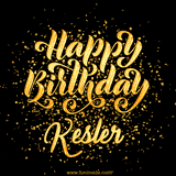 Animated GIF with colorful, festive 'Happy Birthday Kesler' text decorated with patterns, a party hat, and falling confetti. A vibrant and cheerful design for birthday celebrations.