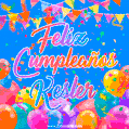 A vibrant animated GIF with 'Feliz Cumpleaños Kesler' written in colorful script, surrounded by balloons, confetti, and bunting on a bright blue background.