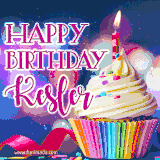 A festive animated GIF featuring a colorful cupcake with a single lit candle, sprinkles, and 'Happy Birthday Kesler' text against a sparkling, celebratory background.