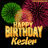 A captivating GIF with bursts of green, pink, and orange fireworks lighting up the night sky, accompanied by 'Happy Birthday Kesler' in glowing golden text.
