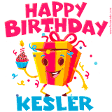 A funny animated birthday GIF with the words 'Happy Birthday Keslera', colorful gift box with arms and legs, holding a cupcake with a lit candle  with confetti everywhere.