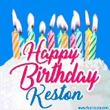 A cheerful animated GIF featuring colorful lit birthday candles on a white cake, with the text 'Happy Birthday Keston' in bold red and blue script on a bright blue background.