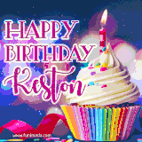 A festive animated GIF featuring a colorful cupcake with a single lit candle, sprinkles, and 'Happy Birthday Keston' text against a sparkling, celebratory background.