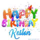 Animated GIF with colorful, festive 'Happy Birthday Keston' text decorated with patterns, a party hat, and falling confetti. A vibrant and cheerful design for birthday celebrations.