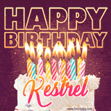 A colorful birthday cake topped with lit candles, with the words 'Happy Birthday Kestrel' in bold glowing letters on a burgundy background. Animated flames add a festive touch.
