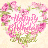 A stunning heart made of pink roses surrounds the elegant script text 'Happy Birthday Kestrel' on a soft beige background. Animated sparkles add a magical and festive feel.