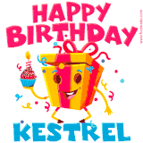 A vibrant and funny gift box character with a happy face dancing with a cupcake and the text 'Happy Birthday Kestrel,' surrounded by animated confetti and party vibes.