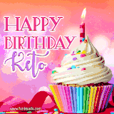 A vibrant birthday GIF featuring a rainbow-colored cupcake topped with white frosting, sprinkles, and a lit candle. The text reads 'Happy Birthday Keto' in bold pink and violet letters with white outline.