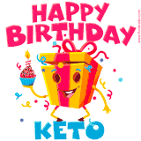 A vibrant and funny gift box character with a happy face dancing with a cupcake and the text 'Happy Birthday Keto,' surrounded by animated confetti and party vibes.