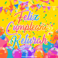 A bright and festive GIF with the text 'Feliz Cumpleaños Keturah' in Spanish in colorful fonts, surrounded by confetti, balloons, and festive banners on a vibrant yellow background.