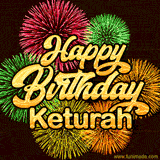 Golden text reading 'Happy Birthday Keturah' surrounded by vibrant fireworks in red, green, and yellow, set against a dark background in this celebratory birthday GIF.