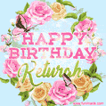 A charming animated GIF featuring 'Happy Birthday Keturah' in pink and green text, surrounded by delicate roses, leaves, and fluttering butterflies on a soft light blue pastel background.
