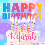 A vibrant animated name GIF with the words 'Happy Birthday Keturah' with colorful candles on a creamy cake. The background sparkles with pastel shades, adding a festive touch.