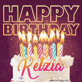 A colorful birthday cake topped with lit candles, with the words 'Happy Birthday Ketzia' in bold glowing letters on a burgundy background. Animated flames add a festive touch.