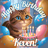 A playful tabby cat sits behind a colorful birthday cake surrounded by balloons and confetti, with 'Happy Birthday Keven!' written above in festive letters.