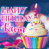 A festive animated GIF featuring a colorful cupcake with a single lit candle, sprinkles, and 'Happy Birthday Kevin' text against a sparkling, celebratory background.