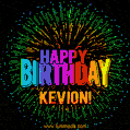 A colorful animated GIF featuring the text 'Happy Birthday Kevion!' in rainbow colors with a dynamic iridescent firework display in the background.