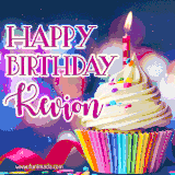 A festive animated GIF featuring a colorful cupcake with a single lit candle, sprinkles, and 'Happy Birthday Kevion' text against a sparkling, celebratory background.