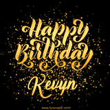 Animated GIF with colorful, festive 'Happy Birthday Kevyn' text decorated with patterns, a party hat, and falling confetti. A vibrant and cheerful design for birthday celebrations.
