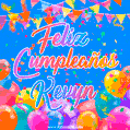A vibrant animated GIF with 'Feliz Cumpleaños Kevyn' written in colorful script, surrounded by balloons, confetti, and bunting on a bright blue background.