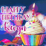 A festive animated GIF featuring a colorful cupcake with a single lit candle, sprinkles, and 'Happy Birthday Kevyn' text against a sparkling, celebratory background.