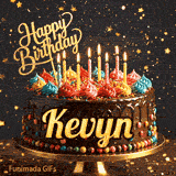 Custom birthday ecard for Kevyn showing a gourmet chocolate cake on a dark background with golden star sparkles.