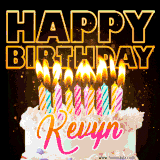 A vibrant animated GIF featuring a delicious birthday cake topped with glowing candles and the name 'Kevyn' in elegant script, and the words 'Happy Birthday' on the black background.