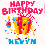 A funny animated birthday GIF with the words 'Happy Birthday Kevyna', colorful gift box with arms and legs, holding a cupcake with a lit candle  with confetti everywhere.