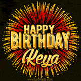 Golden 'Happy Birthday Keya' text accompanied by animated rainbow fireworks for a festive animated greeting.