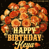 Animated bouquet of orange roses with moving butterfles and golden 'Happy Birthday Keya' text, surrounded by sparkling accents and a dark backdrop for a luxurious feel.