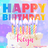 A vibrant animated name GIF with the words 'Happy Birthday Keya' with colorful candles on a creamy cake. The background sparkles with pastel shades, adding a festive touch.